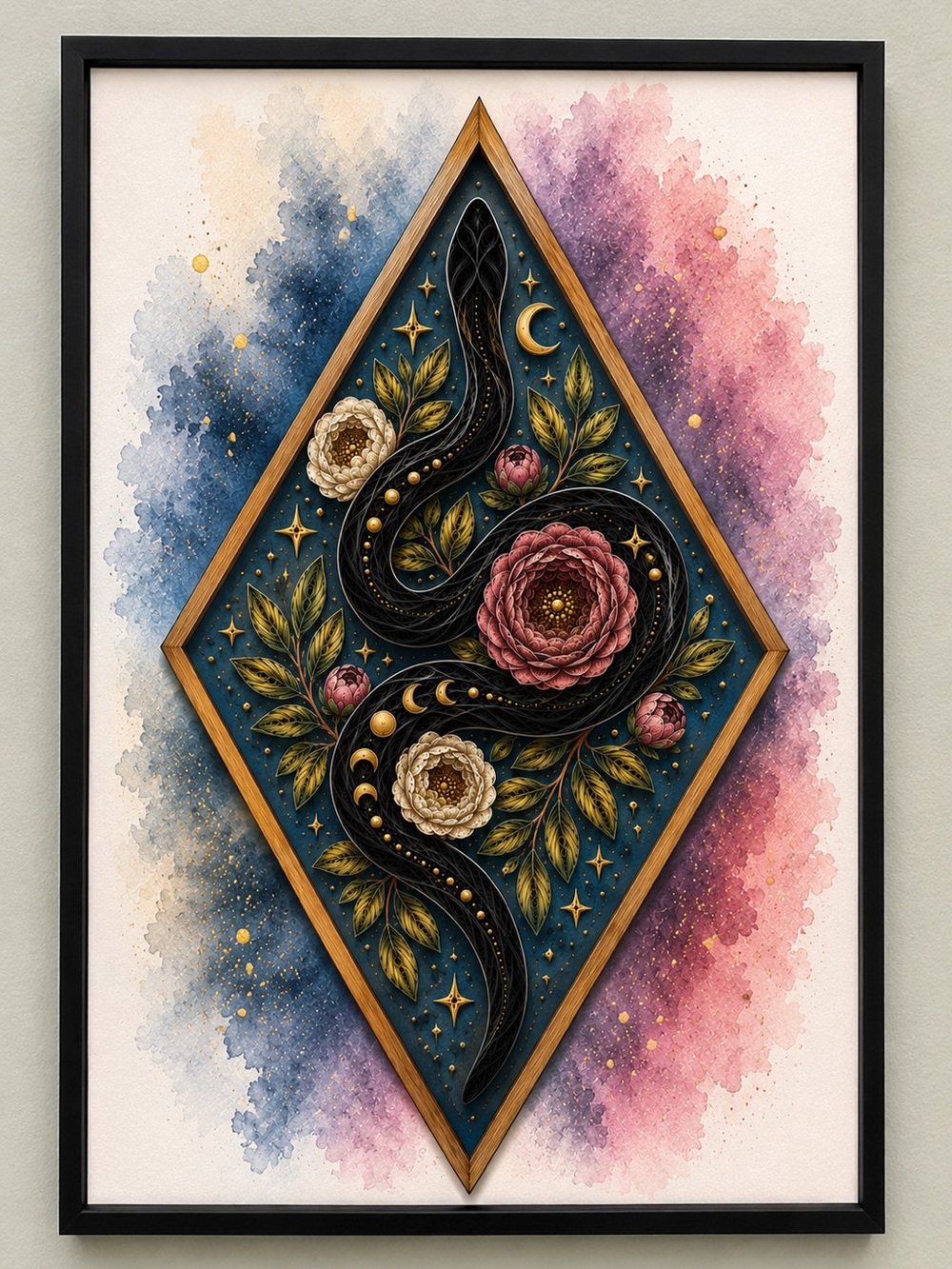 11x14 Black Framed Mystical Snake Floral Wall Art Print